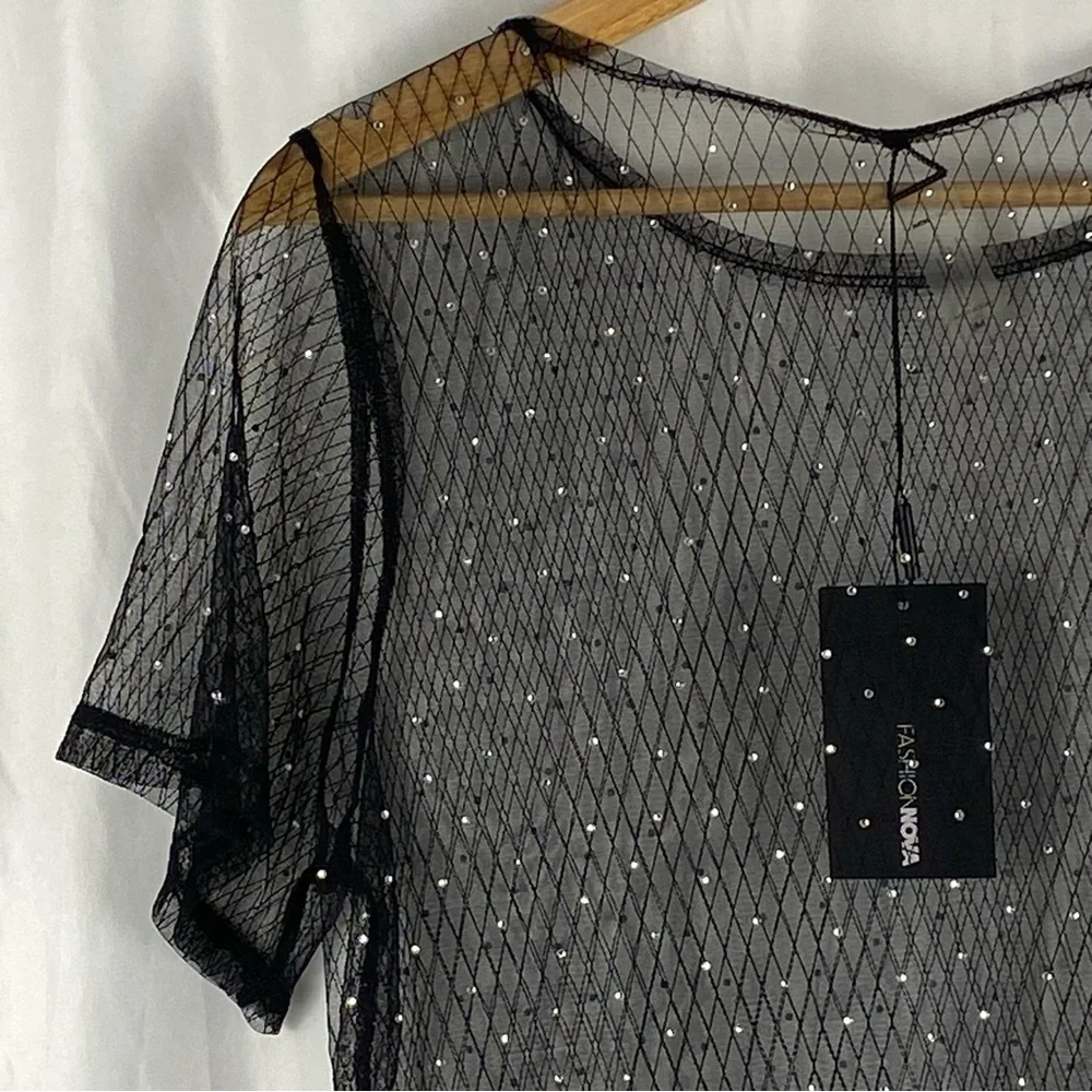 Fashion Nova Black Sheer Short Sleeve Dress with Silver Accents Size Medium - Picture 11 of 16